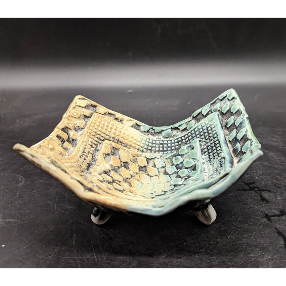 Handmade Studio Art Pottery Footed Trinket Dish Textured Checkered 5.5" Signed